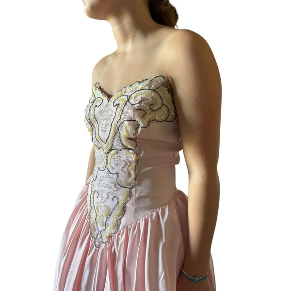 1980s ZUM ZUM Pink Strapless Beaded Sweetheart Prom Dress – ILGWU USA small - Image 6