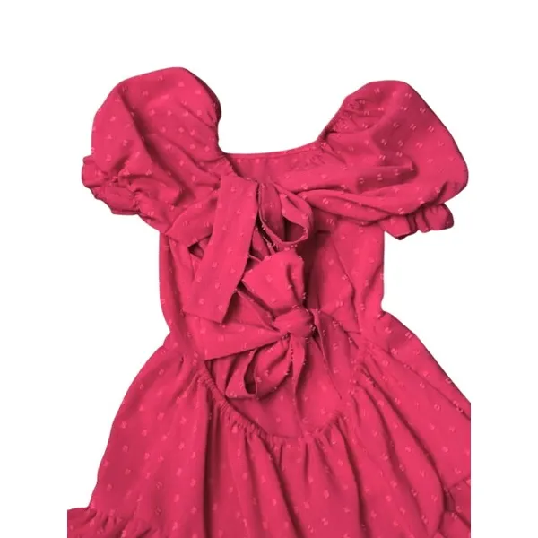 SheIn Hot Pink Swiss Dot Puff Sleeve Tie Back Tiered Mini Dress Flirty Womens‎ Small 4 - Image 7