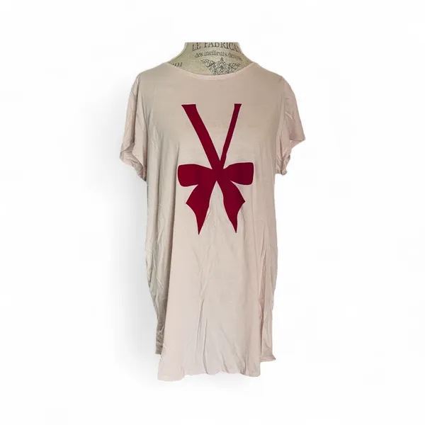Victoria’s Secret Short Sleeve Night Shirt Light Pink With Red Velour Bow Sz XL - Image 2