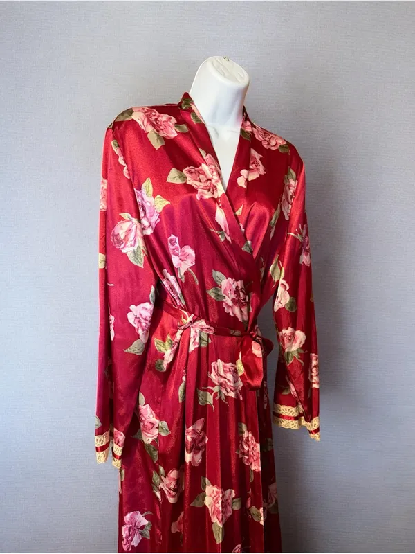 California Dynasty Floral Satin Wrap Robe - Burgundy - Image 2