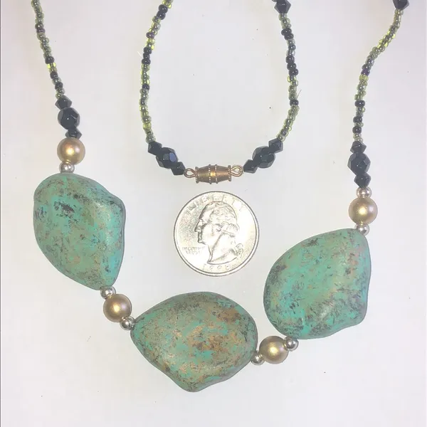 Vintage Turquoise Color and Black Glass Beaded Boho Necklace - Image 4