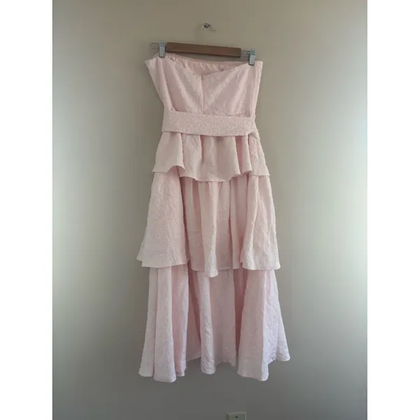Lulus Truly Marvelous Blush Pink Jacquard Strapless Tiered Midi Dress Medium - Image 5
