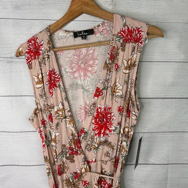 Lulus Floral Wrap Dress Best In Bloom Blush Tassel Sleeveless V-Neck Mini M NEW - Image 4