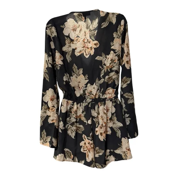Lulus Floral Romper Womens Small‎ Black Excellent Long Bell Sleeve V-Neck Boho - Image 6