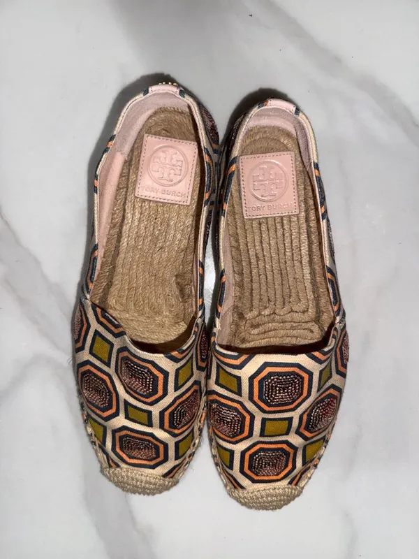 Tory Burch Pink and Yellow Geometric Espadrille Flats - Image 4