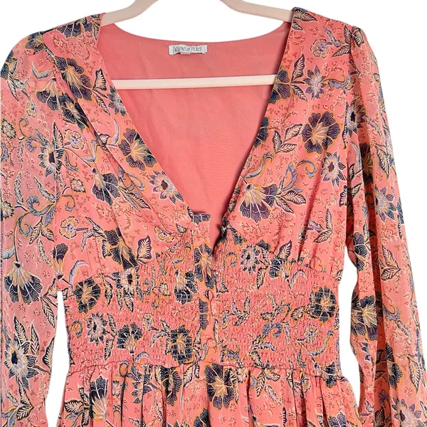 Patrons of Peace Pastel Pink Floral‎ Boho Smocked Long Sleeves Maxi Dress Medium - Image 3