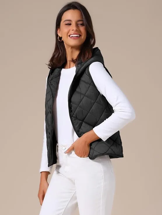 #79 NWT Allegra K Women Casual Quilted Button Down Hooded Puffer Vest Size M - Image 3