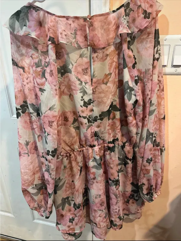 Express Floral Ruffle Tie-Neck Romper - Pink - Image 5
