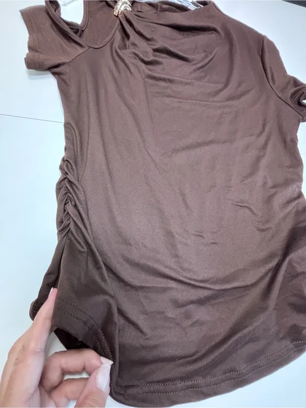 SHEIN Brown Asymmetrical Cold Shoulder Gold Ring Detail Top Plus OXL NWOT Chic - Image 8