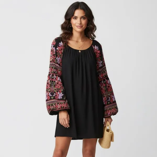Oso Boho Folk Core Embroidered Bell Sleeve Black Shift Dress M - Image 2