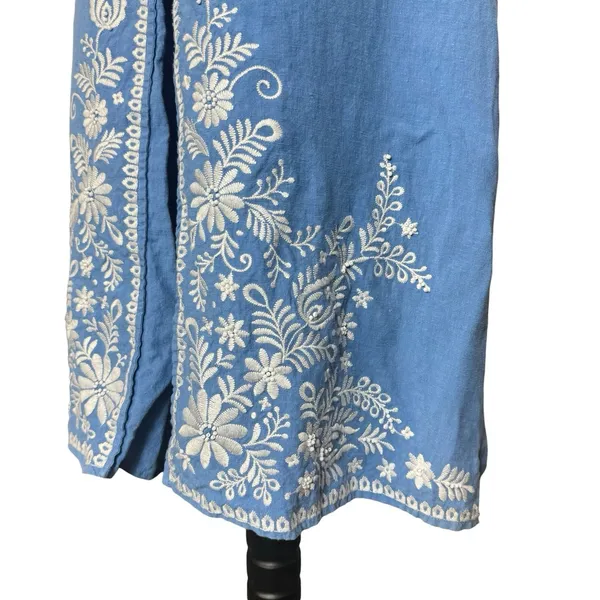 Vintage 100% Linen Skirt Sz 12 Artisan Embroidered Beaded Blue Cottage Boho Folk - Image 6