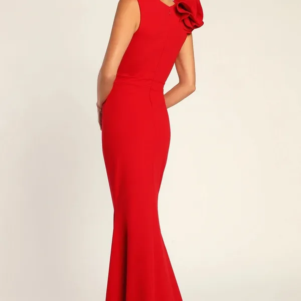 NWT Lulus Lucette Red Sleeveless Ruffled Mermaid Maxi Dress Wedding Holiday XS - Image 3