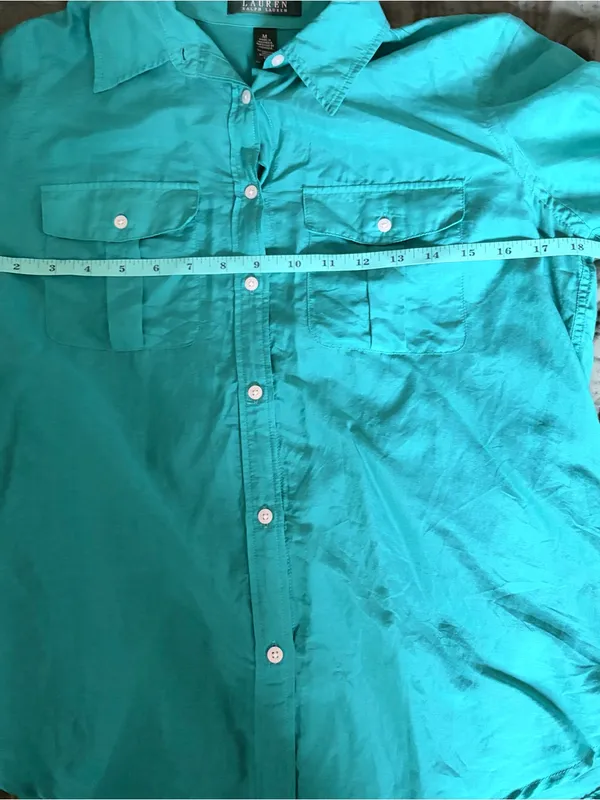 LAUREN Ralph Lauren Silk Blend Teal Turquoise Button Down Shirt Women Medium - Image 5