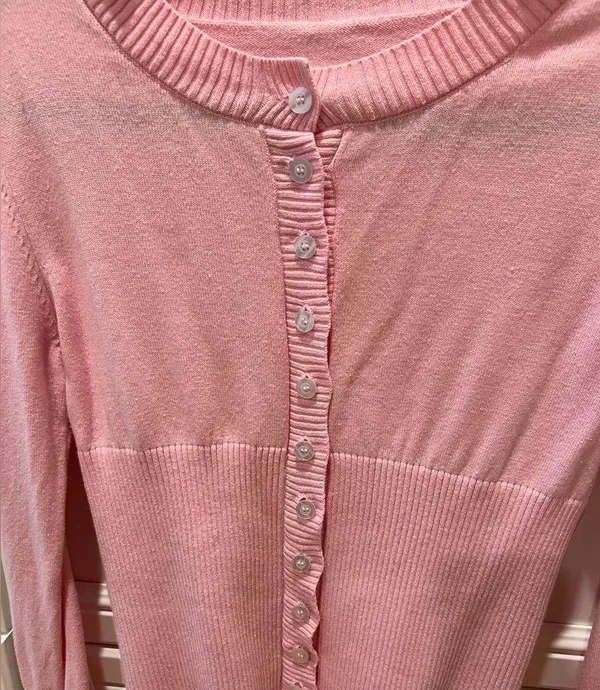 Amazon Pink Open Front Button Up Cropped Ribbed Knit Cardigan - Image 2