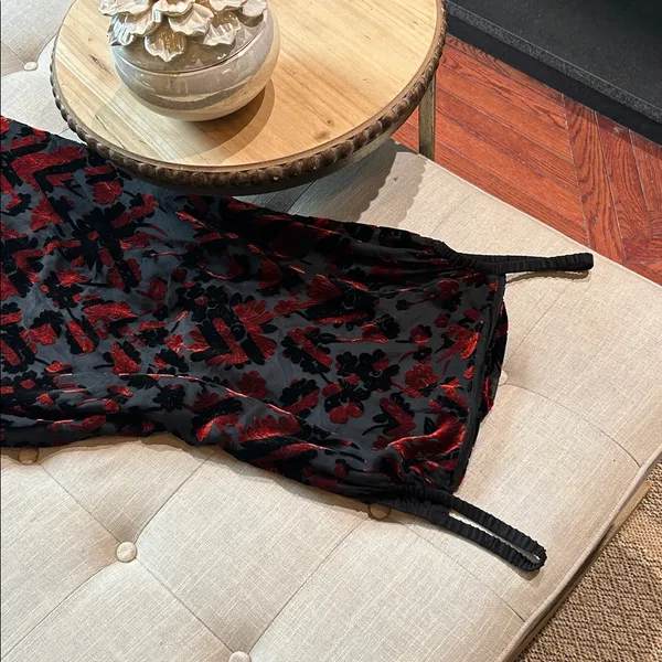 Silk Road 100% Silk Maroon Velvet Black Sheer Floral Double Layered Maxi Dress - Image 5
