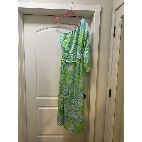 Boston Proper Dress Womens 0 Green Tropical Leaf One Shoulder Maxi Beach Party - Image 2