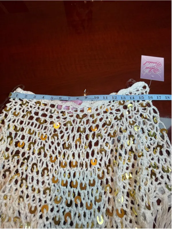 Fringe Sequin Crochet Fishnet Poncho by Velvet Vandal Natural White Sz L Boho - Image 8