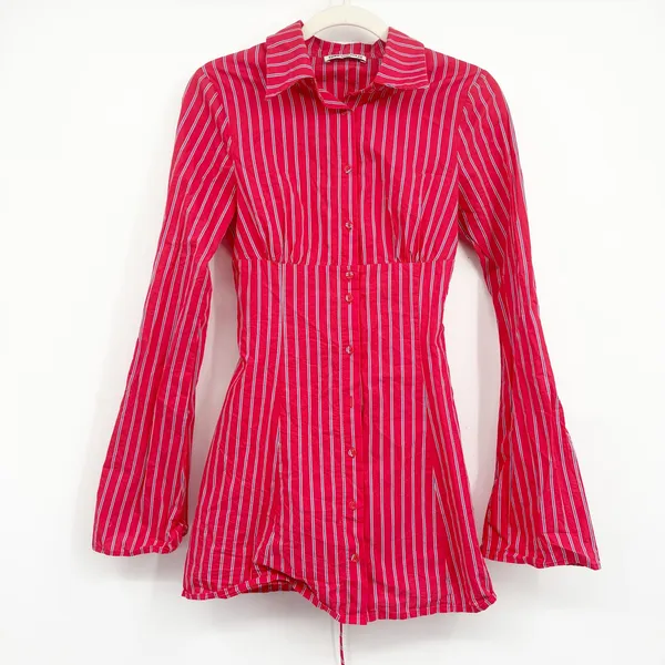 Princess Polly Womens Tawni Red Stripe Lace Up Corset Mini Shirt Dress Size 6 - Image 3