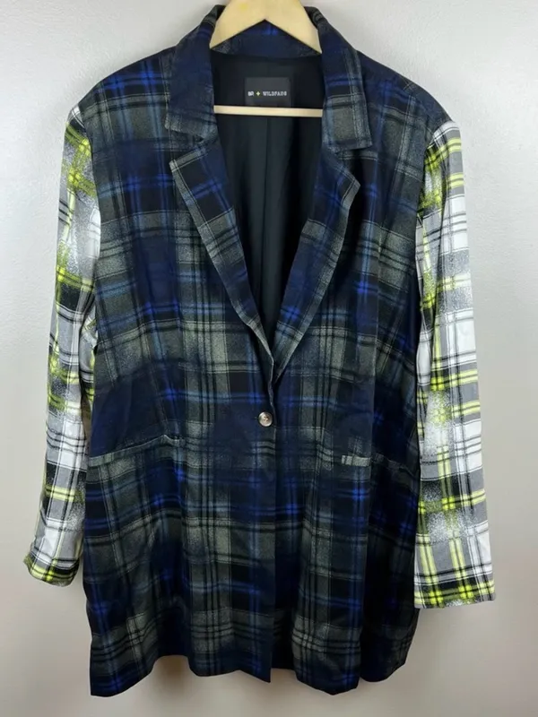 BP + Wildfang Plaid One Button Blazer Blue Size M - Image 3