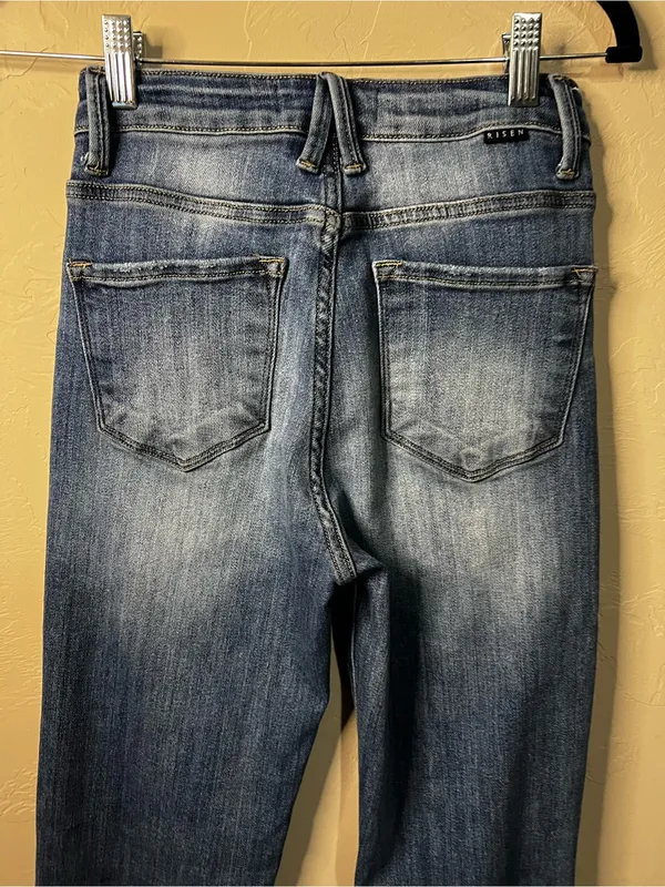 Risen High Rise Distressed Raw Hem Long Inseam Straight Leg Denim Jeans - Image 8