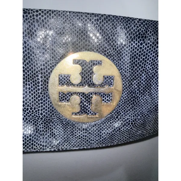 Tory Burch Reva Clutch Blue Leather‎ Snakeskin Print Chain Handbag Bag L - Image 4