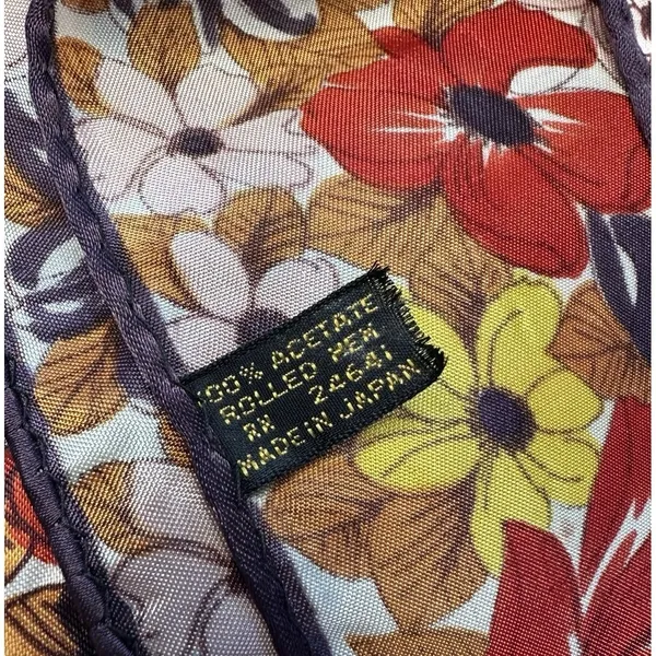 Vintage 1970s Floral Scarf‎ Made in Japan Rolled Hem Mod Brown Pink Autumn 25x25 - Image 2