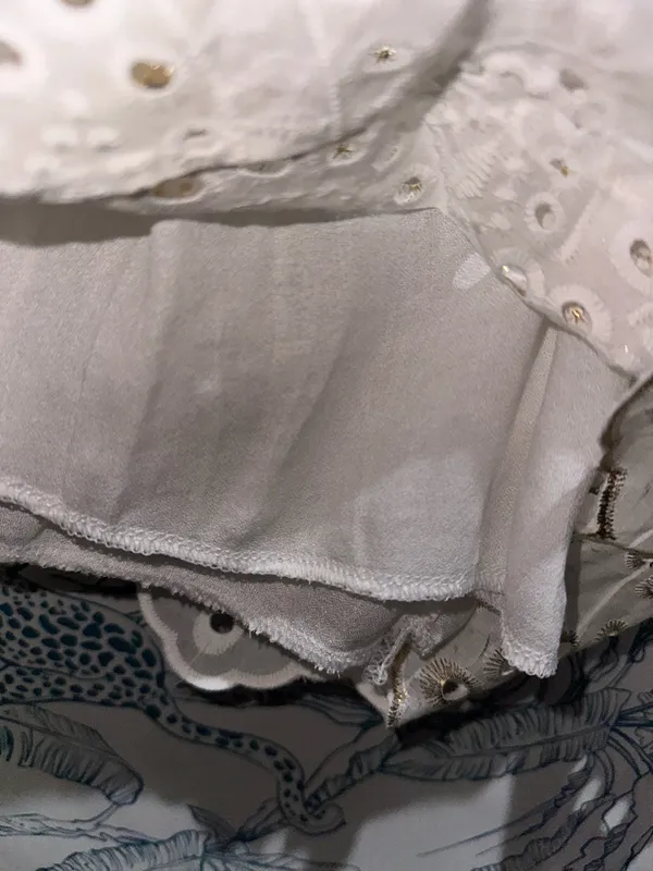 High-Waist Cream Embroidered Eyelet Shorts with Gold Accents - Image 3