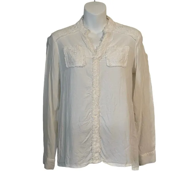 Cato Ivory Lace Ruffle Detail Long Sleeve Collared Button-Up Blouse Size S - Image 9