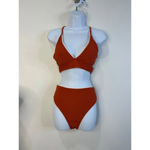 Zaful Burnt Orange Popcorn Textured High Waisted Bikini Set ScallopTrim Womens M - Image 2