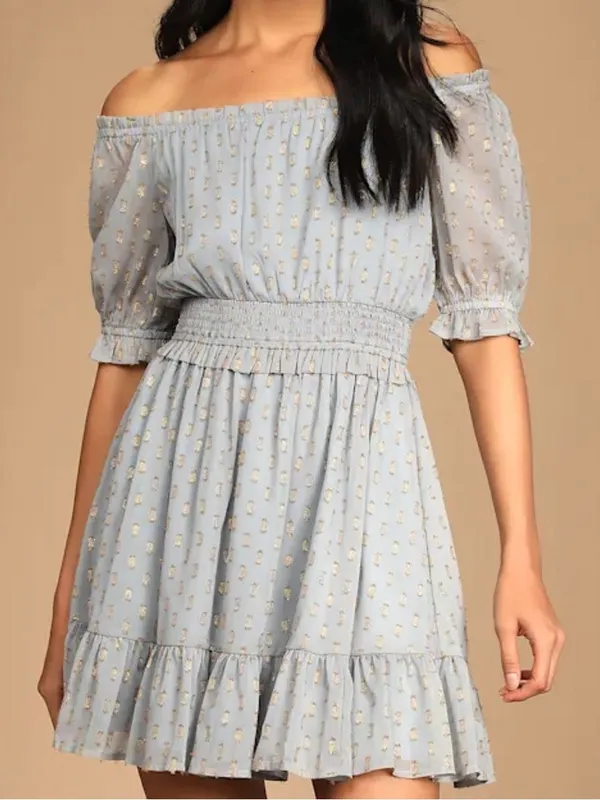 Lulus Women’s Touch of Glam Dusty Blue Dotted Off-the-Shoulder Mini Dress Size L - Image 3