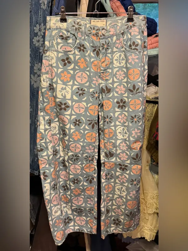 NWOT Free People We The Free Good Luck Printed Barrel Jeans - Jade Combo - 26 - Image 7