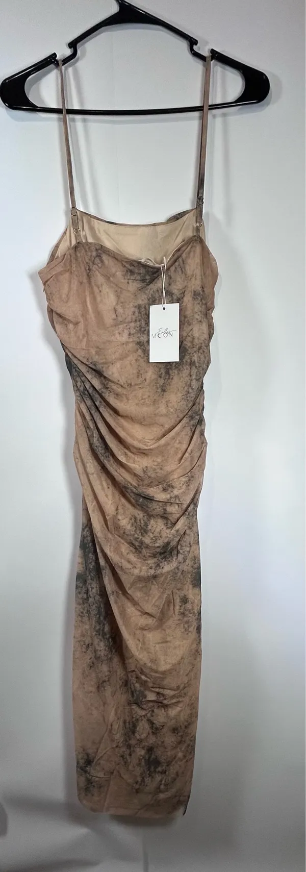 Endless Moon Size M Brown Abstract Mesh Ruched Cowl Neck Maxi Dress - Image 2