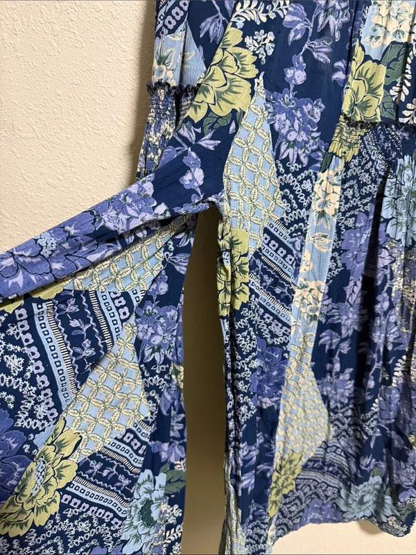 Angie Blue Patchwork Floral Wide‎ Leg Boho Pants Smocked Size Small - Image 5
