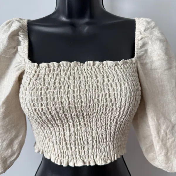 Reformation sz 2 Beige 100% Linen Smocked Puff Sleeve Crop‎ Top Blouse Cottage - Image 2