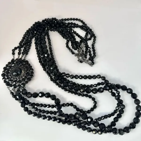 Long multi strand black beaded flower necklace - Image 5
