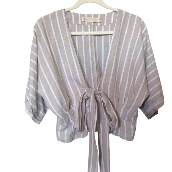 Happy x Nature Beige Tan Striped Linen Blouse Women’s Top Size Small - Image 2