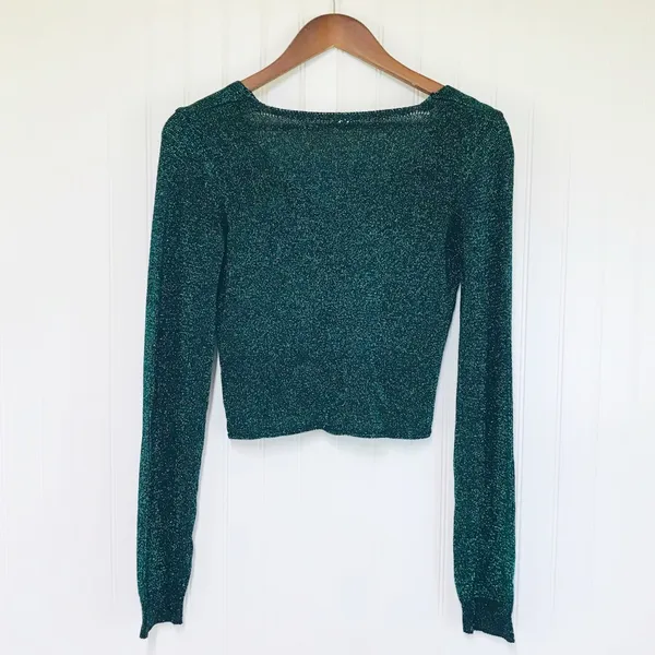 FREE PEOPLE Emmaline Metallic Green Cardigan Long‎ Sleeve Goth Dark Romantic XS - Image 4
