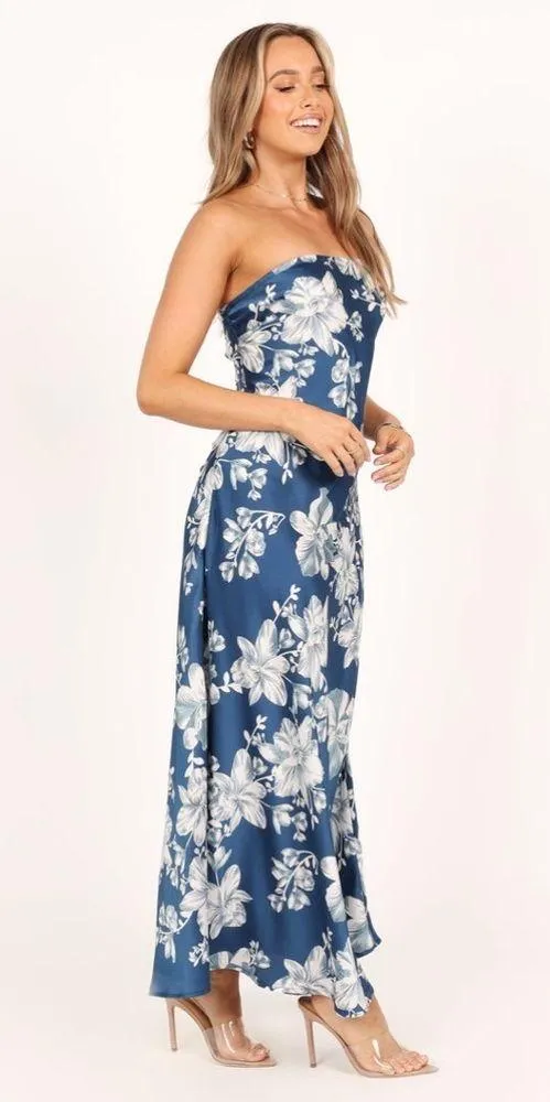 Petal + Pup Gemma Strapless Satin Maxi Dress Blue White Floral Size Large - Image 5
