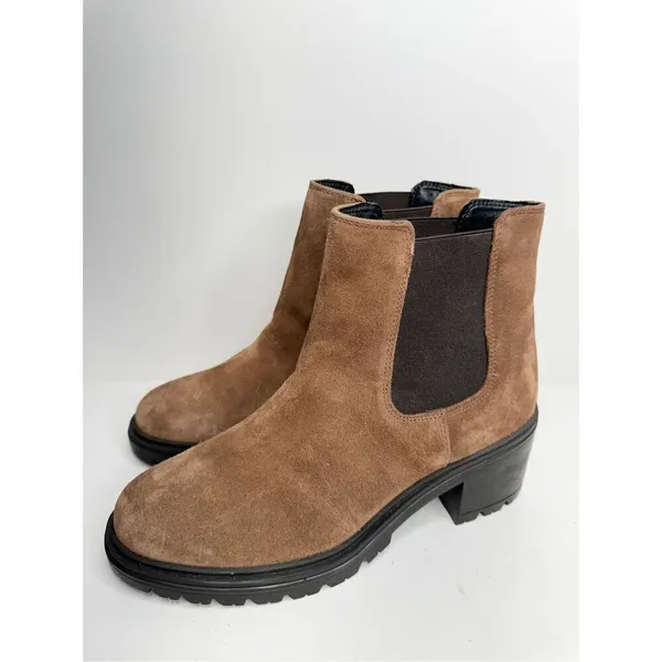 GEOX‎ Leather Boots Size 9.5 Brown Ankle Chelsea Pull On Block Heel Booties NEW - Image 3