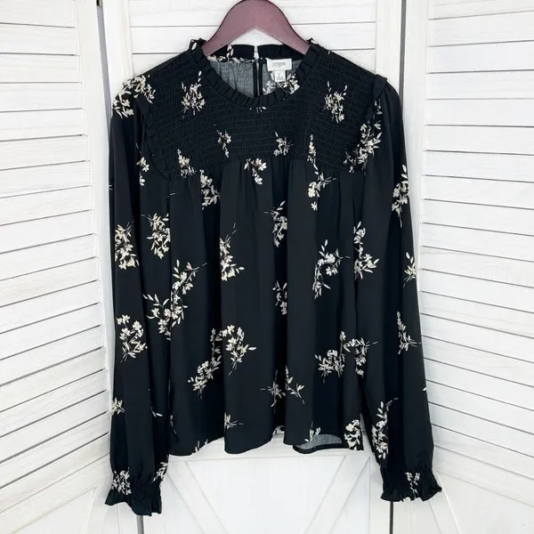 J. Crew Floral Smocked Ruffle Trim Blouse Black‎ Tan Large - Image 7