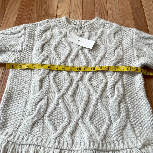 Cream Cable Knit Fringe Sweater Womens Small Cozy Coastal Grandma Quiet Luxury - Image 4