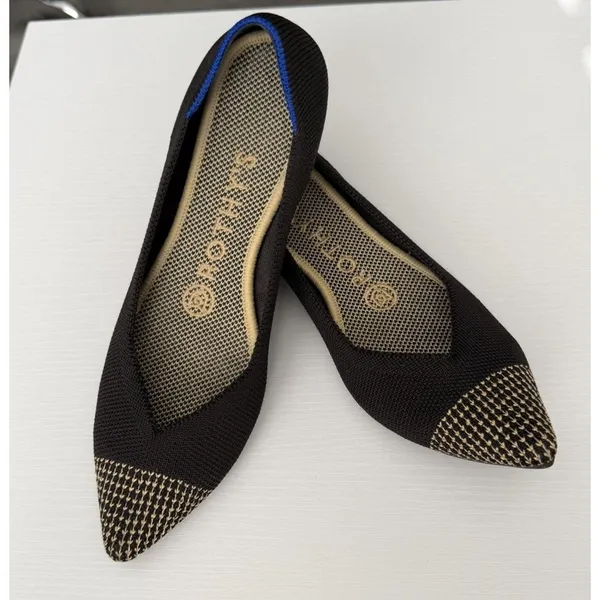 Rothy's The Point Black/Gold Embroidered Cap Toe Flats Women's Size 6 Retired - Image 2