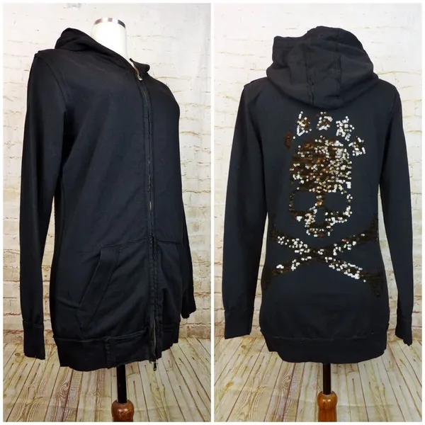 Bad Spirit Massimo Sabbadin Skull Hoodie Womens L Black Crossbones Sequins Italy - Image 2