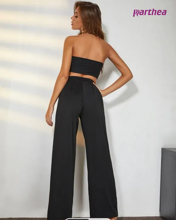 Tie Bandeau Crop Top And Wide Leg Pants Set - Image 3