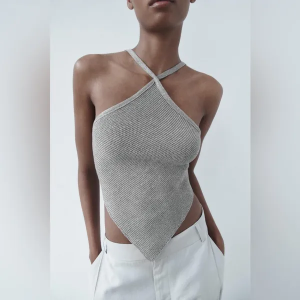 NWT Zara Metallic Silver Open Back Knit Top - Image 3
