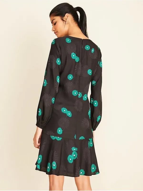 Ann Taylor Green Floral Jacquard Black Flounce Shift Dress with Pockets Size 8 - Image 3