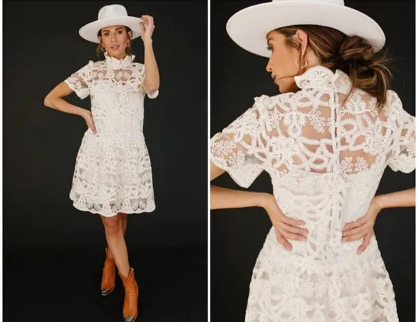 Current Air Ivory Lace Mock Neck Drop Waist Mini Dress M - Image 7