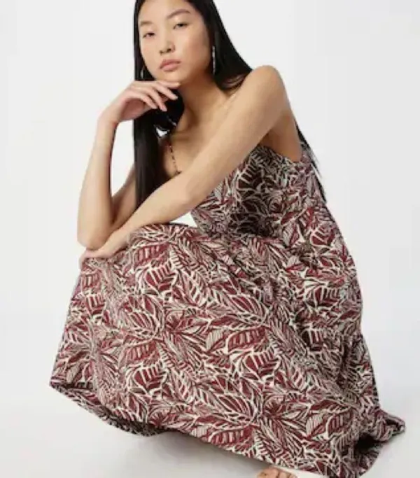 NWT Abercrombie Trapeze Tropical Print Tiered Midi Dress Brown White Small - Image 2