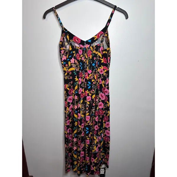 Express Floral Rayon Midi Sundress Black Pink Yellow Slit Smocked Back Women - Image 4