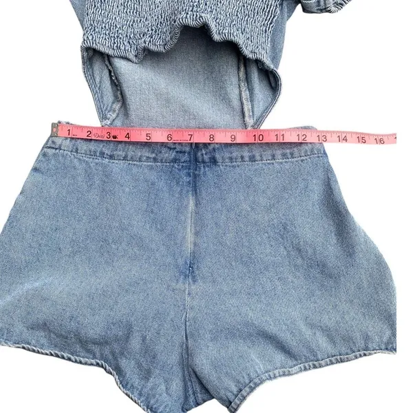 Altar'd State Y2K Festival Summer square neck puff sleeve cut out waist Denim Romper size S - Image 12